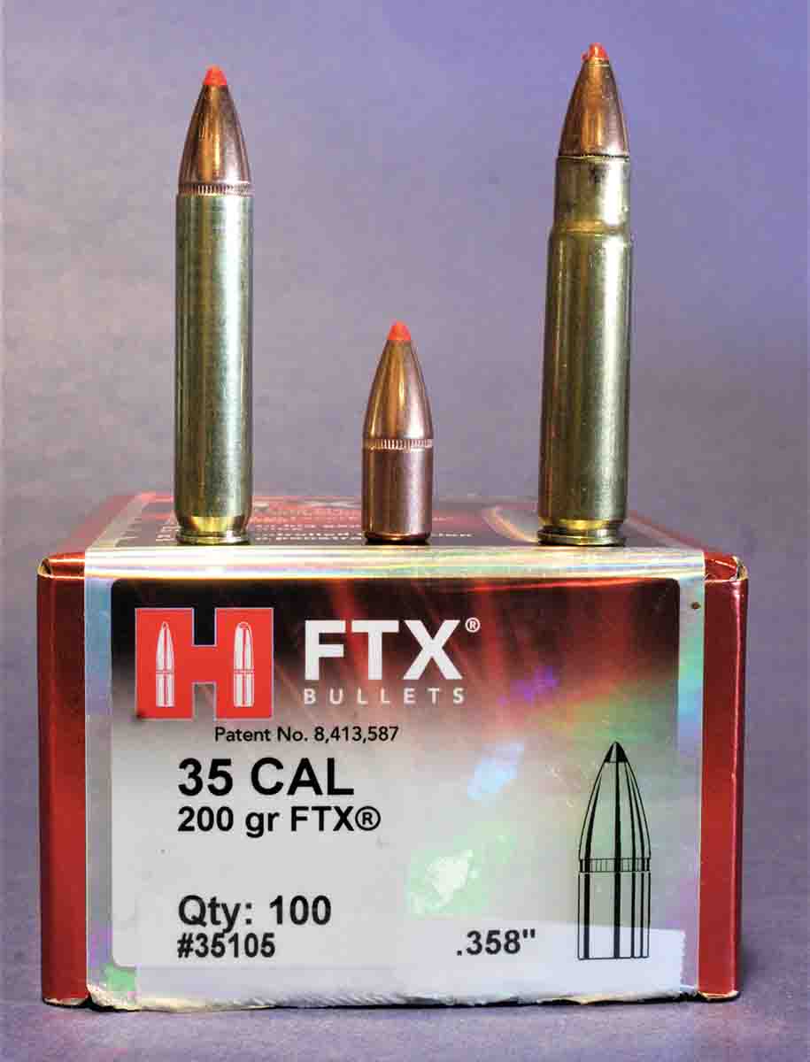 The 200-grain FTX .358 bullet was originally designed for the .35 Remington (right), but due to the higher average pressure of the .350 Legend, it is capable of just about the same velocity from the smaller case.